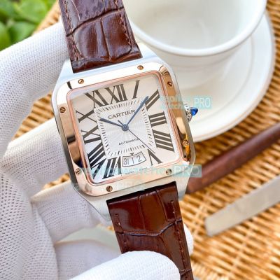 Replica Cartier Santos Automatic Watch White Dial Brown Leather Strap Rose Gold Bezel